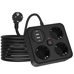 European Power Strip with 3 AC Outlets, 2 USB - A Ports, 2 USB - C Ports, and Switch - 3250W Surge Protector - Black