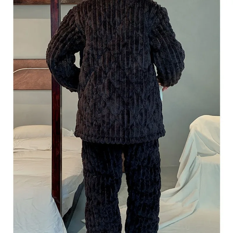 Men Pajamas Coral Velvet Autumn Winter Pyjamas Three Layers Laminated Cotton Thickened Home Wear Set Simple Large Size Sleepwear