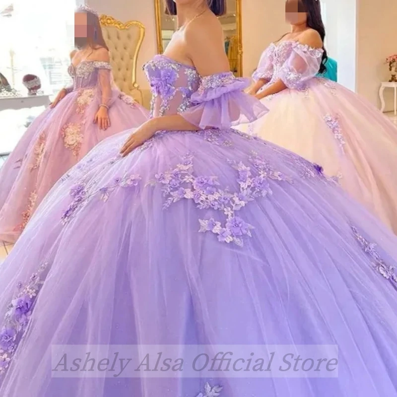 Saudi Arabic 2024 Lilac Quinceanera Dress Ball Gown Off The Shoulder Applique Lace Tulle Corset Sweet 16 15 Vestidos De XV Anos