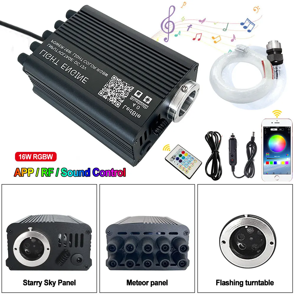Car Fiber Optic Light 16W Twinkle RGBW LED Starry Sky Flashing Fiber Optic Lamp Star Ceiling Lamp Kit Smart APP Remote Control