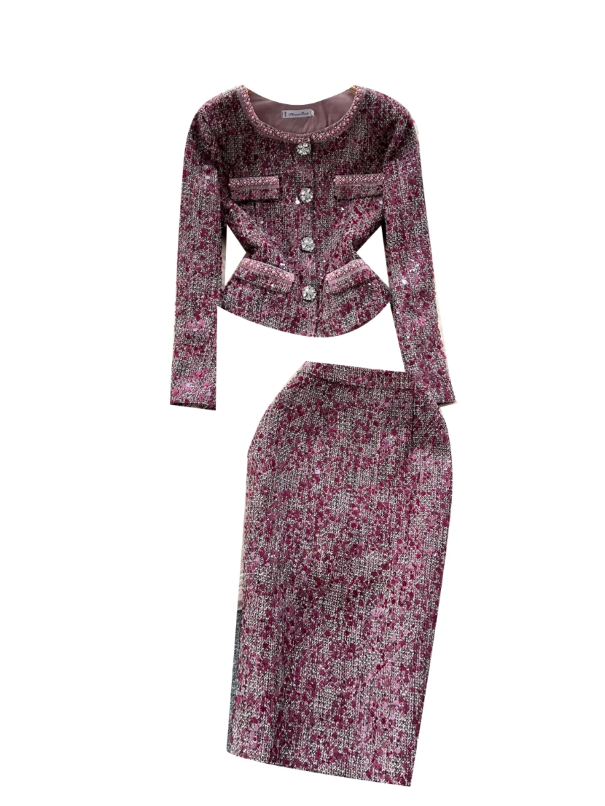Celebrities Style Autumn Clothes Two-piece Sets Women's Clothing High-end Round Neck Sequined Jacket and Slim-fitting Skirt 5