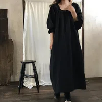 Vintage Cotton Linen Mori Dress Women Loose Drawstring Bell Long Sleeve Ruffles Maxi Dresses Retro Mori Girl Large Swing Skirt - Image 5