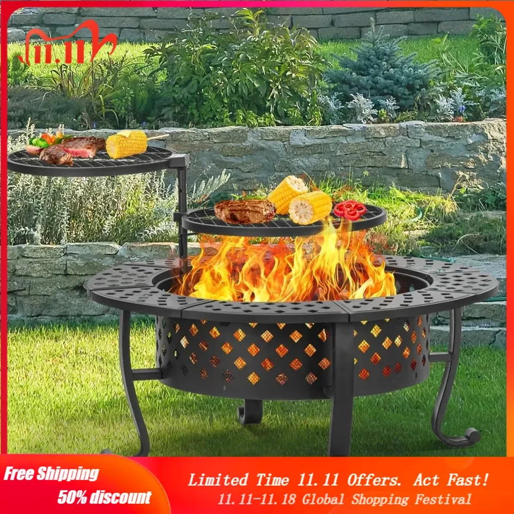 42 Inch Fire Pit with 2 BBQ Grills, Wood Burning Fire Pits for Outside with Lid Fire Poker, BBQ Outdoor Firepit Round Metal