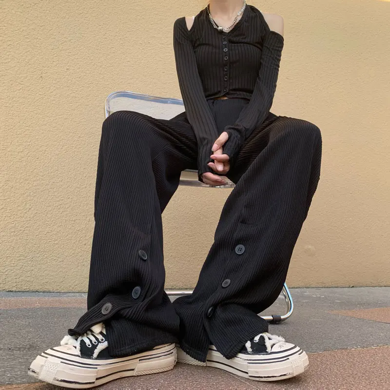 

Осенние женские брюки с эластичным поясом и пуговицами, Женские однотонные черные длинные брюки с широкими штанинами, 2023 уличные брюки-карго в стиле Харадзюку