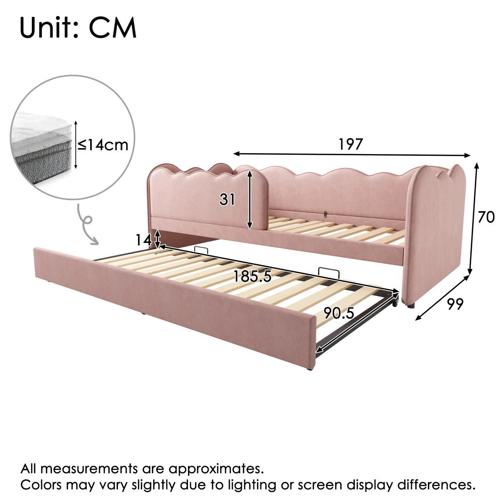Gepolstertes Tagesbett 90x190cm, Tagesbett Schlafsofa mit ausziehbarem Bett 90x190cm, Kinderbett mit Gitter ohne Matratze – Detail 31