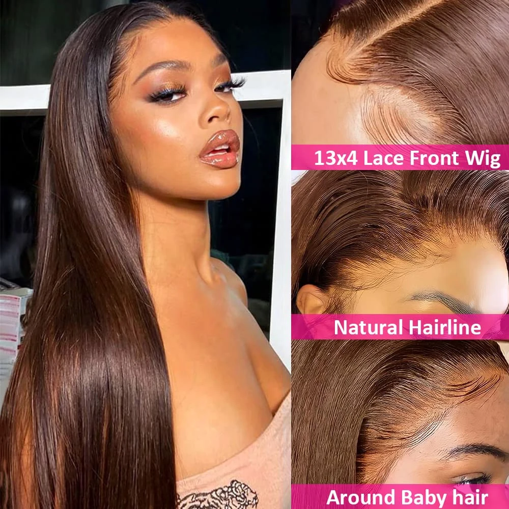 13x4 chocolate Brown Straight Lace Front Wigs Human Hair Pre Plucked Hairline 4# Brown Frontal Wigs For Women With Baby Hair 4