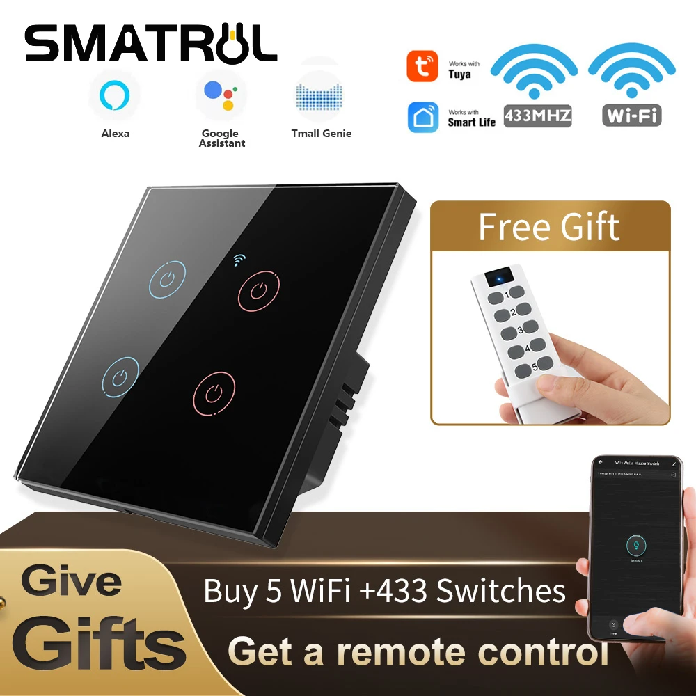 Smatrul Tuya Wifi Touch Smart Switch Light Without Neutral Wire Glass