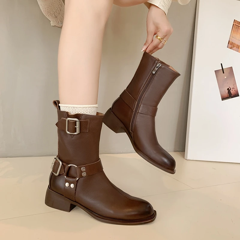 

Leather Western Boots for Women Retro Brown Outdoors Motorcycle Autumn Winter Fashion Zipper Soft Buckle Girls Mid Calf Boots