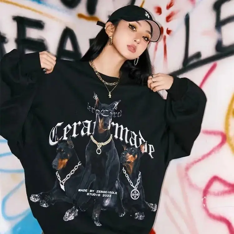 

European and American style high street personality fashion sweater for men and women retro simple Dobermann print top coat