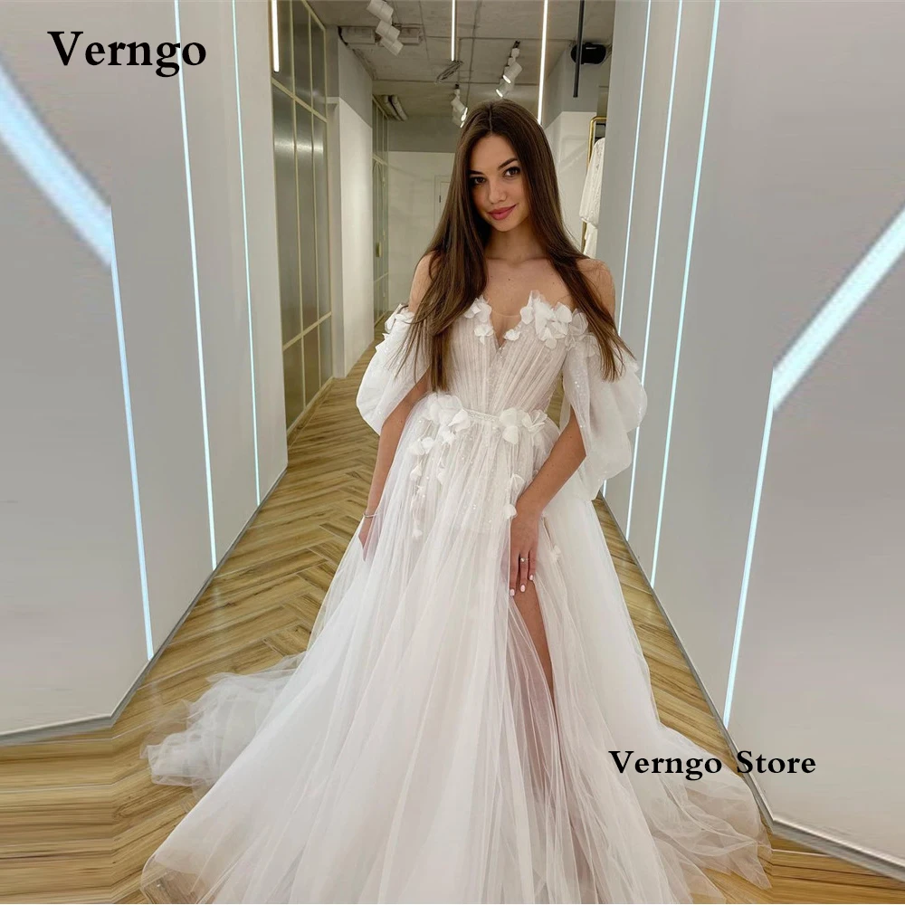 

Verngo Elegant Off the Shoulder A Line Wedding Dresses 3D Flowers Side Slit Tulle Bridal Gowns Sweep Train Vestido de noiva