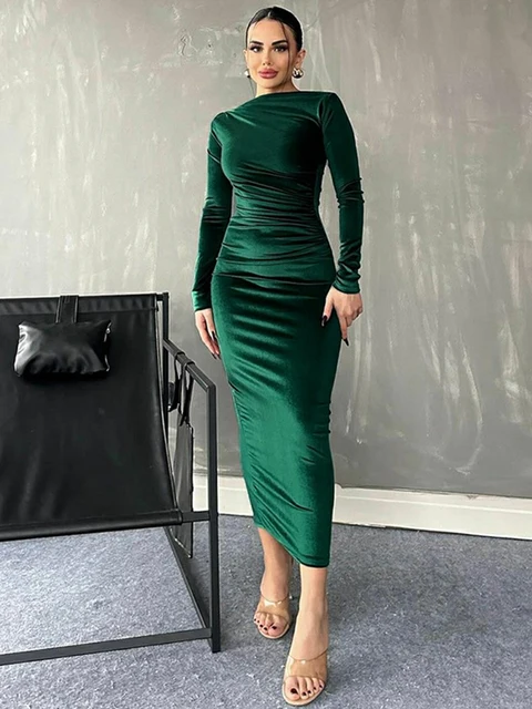 Dulzura 2024 Spring Summer Velvet Long Sleeve Midi Dress For Women Ruched Long Dress Elegant Party Clothes Evening Green Outfits 2