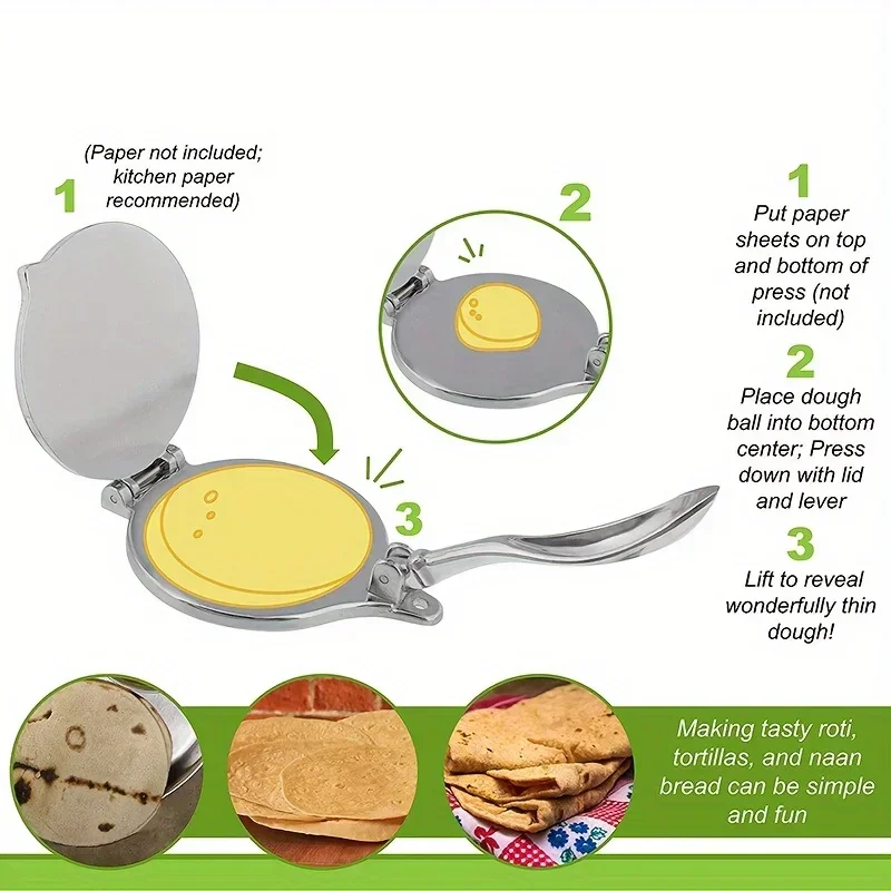 6.3 Inch Pastry Press Maker DIY Manual Aluminium Alloy Corn Tortillas Pressing Tools Long Handle Foldable for Kitchen Cooking