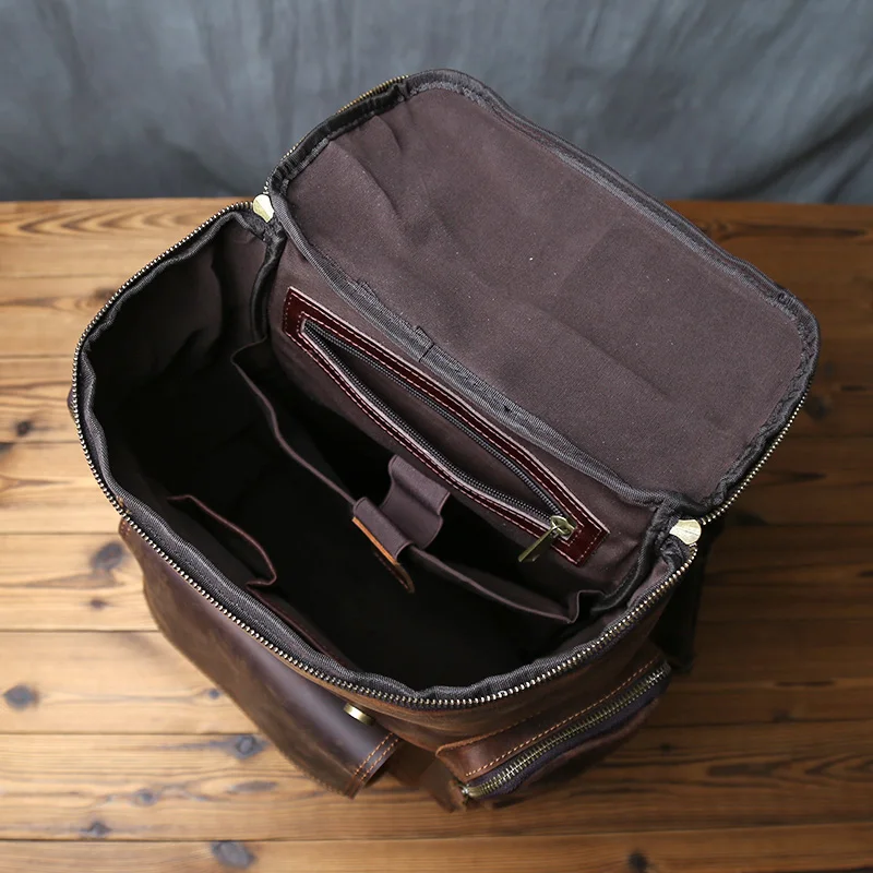 NZPJ Men's Retro Large Capacity Leather Backpack Genuine First Layer Natural Cowhide Travel Laptop Bag