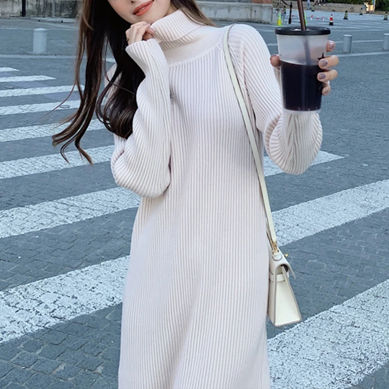 

Женское трикотажное платье-водолазка, элегантное Свободное длинное шерстяное платье в Корейском стиле, уличная одежда для осени и зимы, 2023