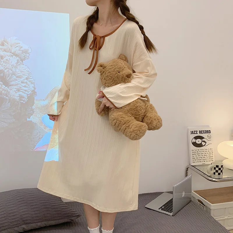 Autumn new knitted imitation cotton ladies long-sleeved long skirt striped cute sweet princess style casual nightdress home wear