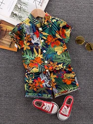 Children's Summer Full Print Leaf Flower Standing Neck Shirt Short Sleeve Set