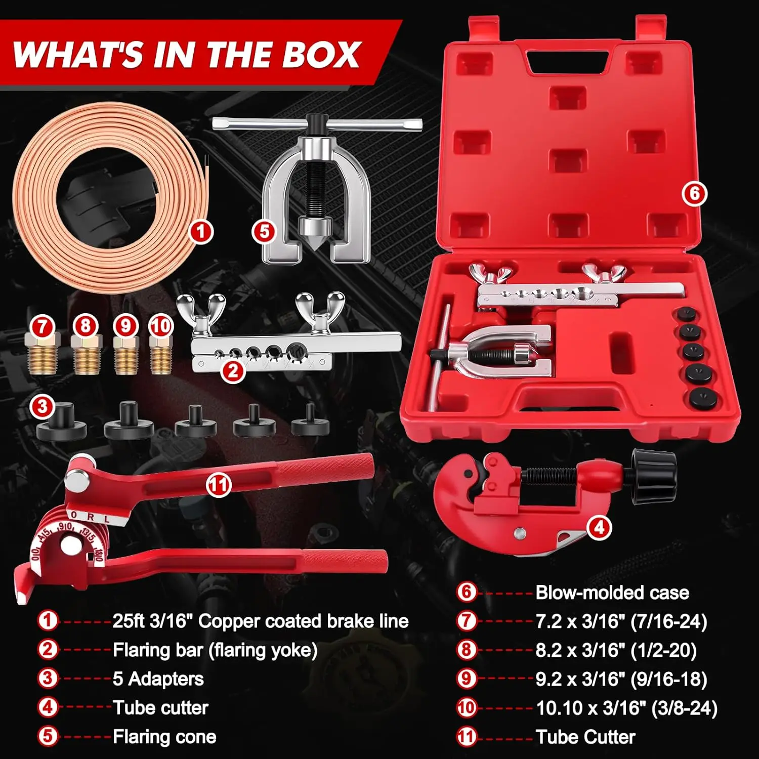 25Ft Brake Line Flaring Tool Set for Expanding Flaring Device Hydraulic Car Brake Systems Kits with 16 Fittings and 4 Connectors