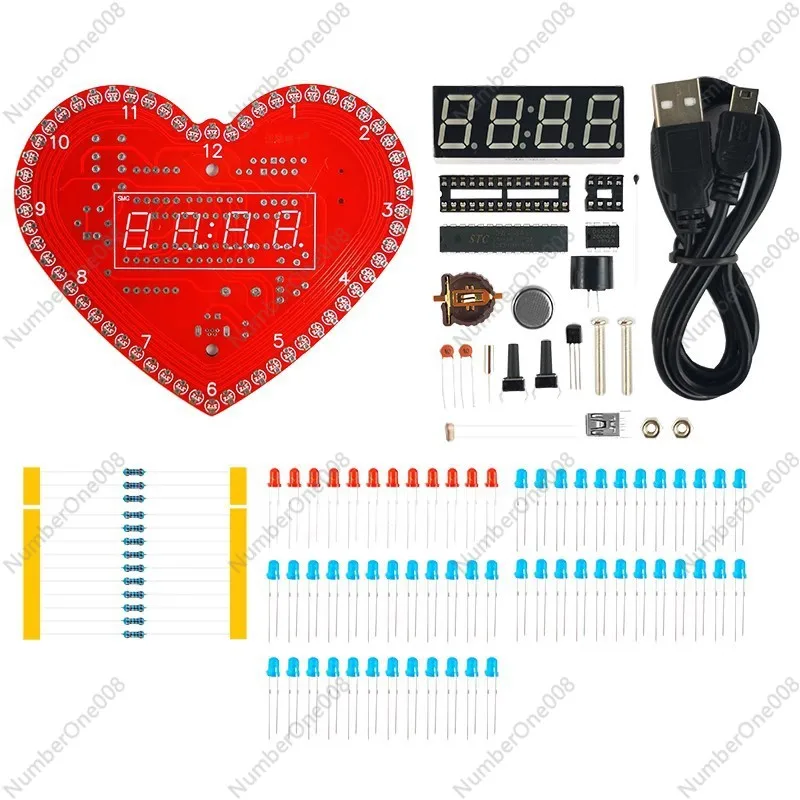 하트 모양 회전 LED 디지털 시계 온도 표시 다중 애니메이션 DIY 전자 키트 용접 키트 TJ-56-513B