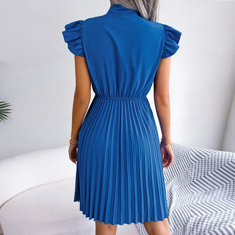 

Lady Stand Collar Lace-up Elegant Dress Fashion Solid Fold Pleated Dress Women Summer 2023 Lotus Leaf Sleeve Beach Party Dresses