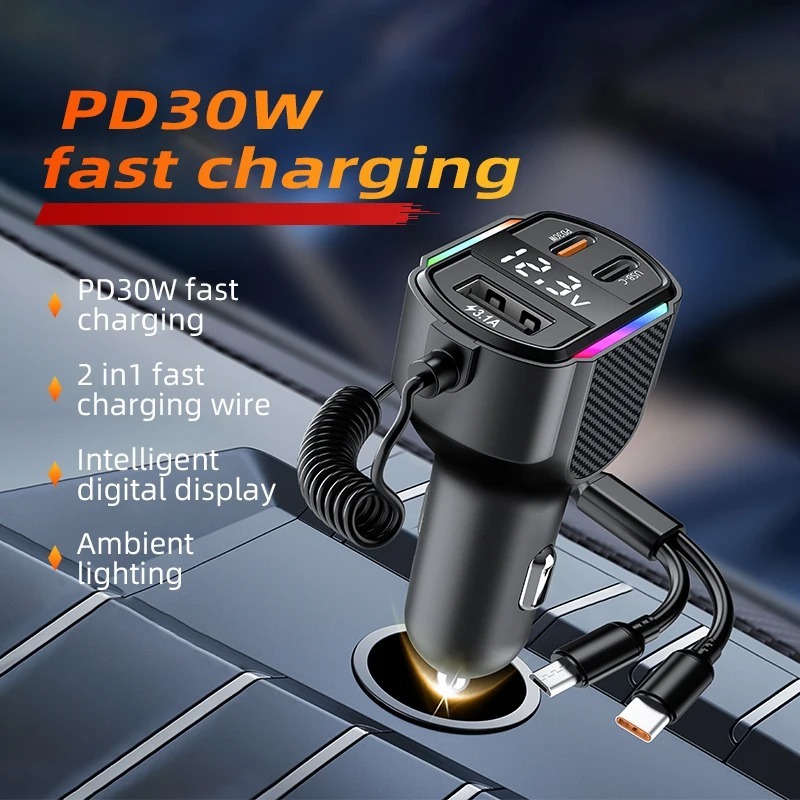 2 in 1 USB PD Car Charger 3.1A Fast Charging With QC3.0 Type C Car Spring Cable For iPhone Samsung Xiaomi Car Cigarette Lighter