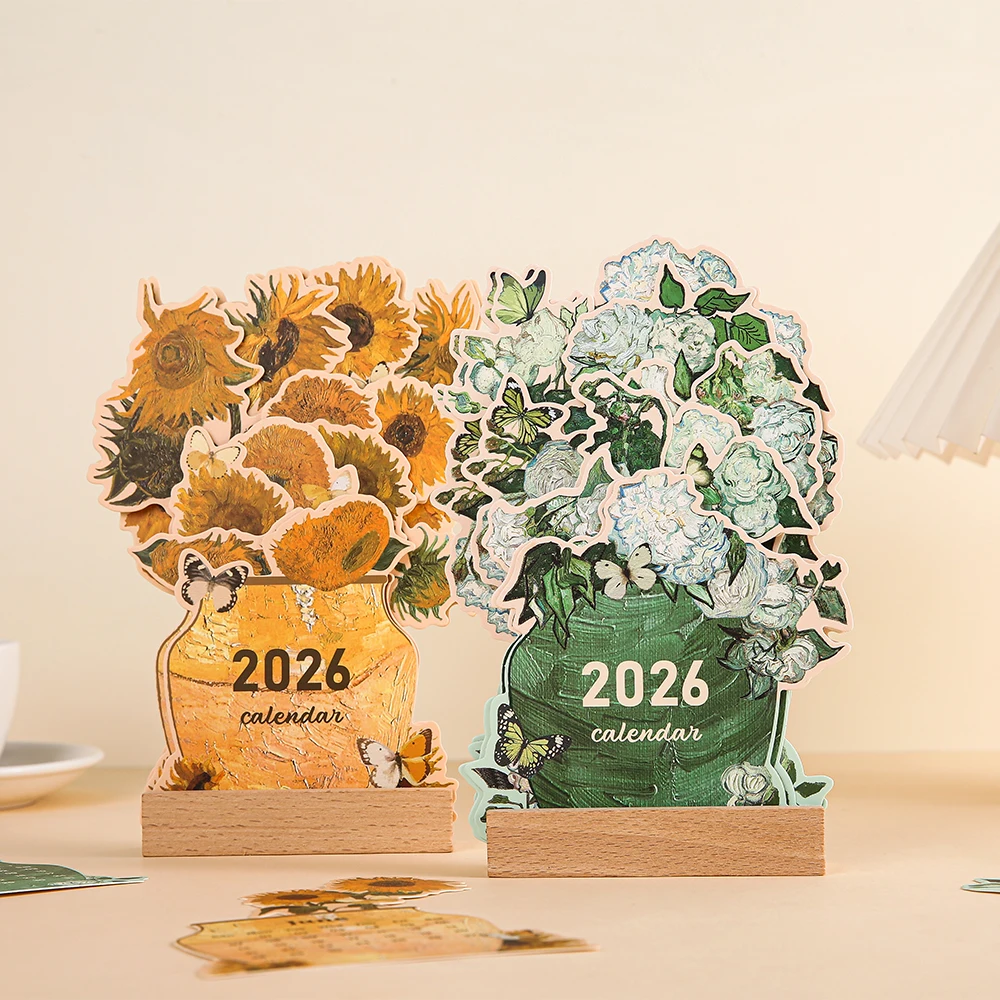 2026 Card Insert Desk Calendar Vintage Painting Monthly Planner With Wooden Base Desktop Decor For Monthly Schedule Organizer