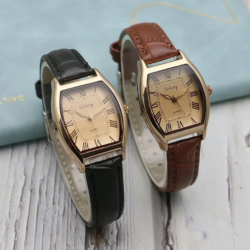 Watch for Women Small Ladies Wristwatches Brown Retro Vintage Leather Bracelet Watch Black Quartz