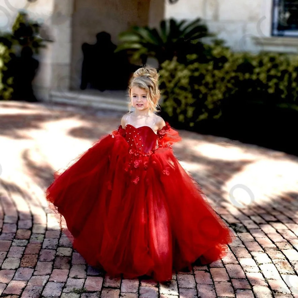 

Flower Girl Dress Kids Princess Lace Tea Length Wedding Fold Sweetheart Tulle Short Sleeve Prom Dresses Red High/Low