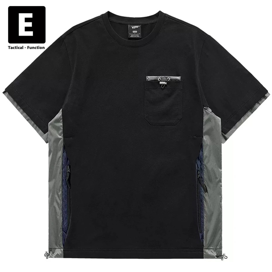 

Футболка Techwear Мужская составного кроя, уличная одежда в стиле хип-хоп, топ с коротким рукавом, черная рубашка-карго, на лето