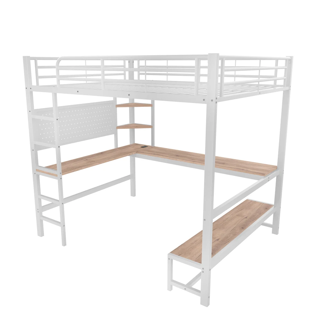 90 x 200 cm großes Hochbett, Eisenrahmen, Schreibtisch, Geländer, Rolltreppe, mit USB+Typ-C-Buchse und LED-Leiste, mit perforiertem Brett, ohne Matratze – Detail 36