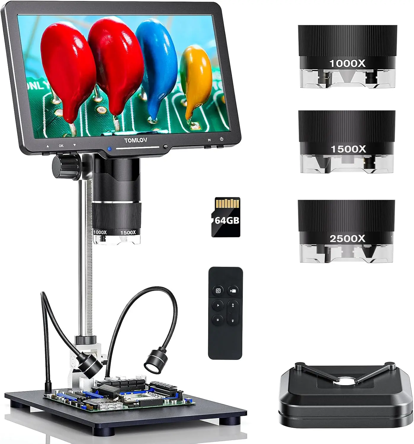TOMLOV TriL110 3-Lens 2K Digital Microscope 2500X HDMI Coin Microscopes Magnifier 10.1" IPS Screen for Coins Soldering Tools