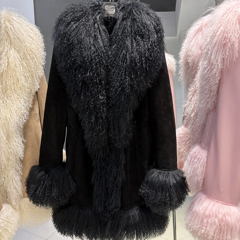 YOLOAgain Mongolia Sheep Fur Jacket Women Real Leather Coat Suede Jacket