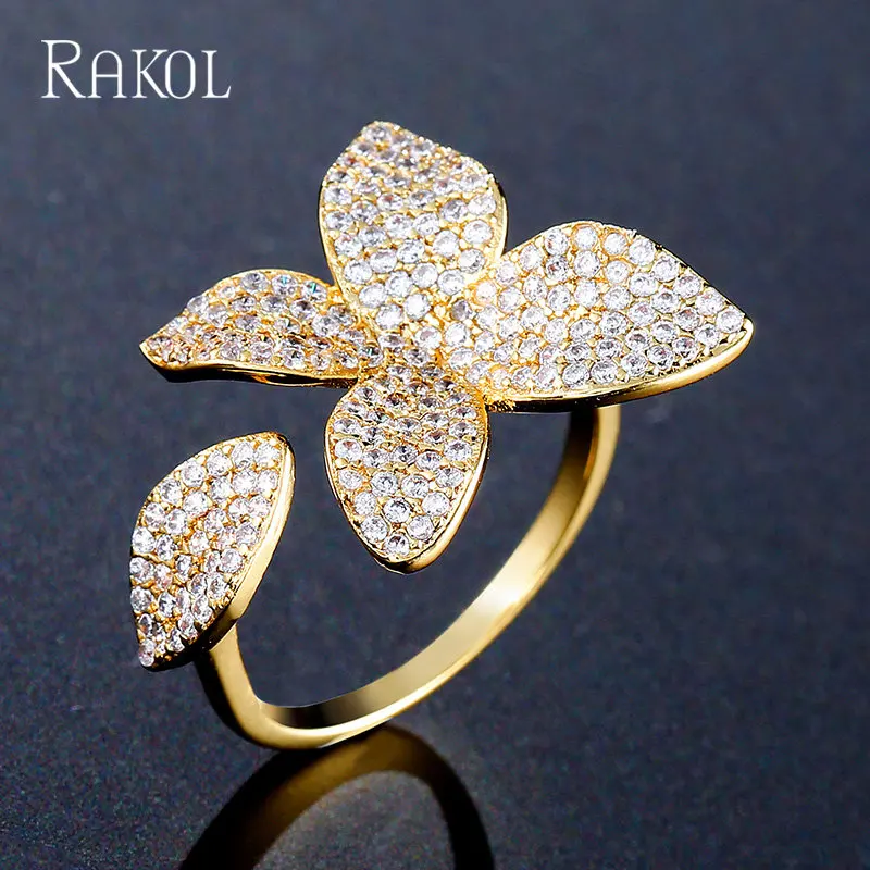 RAKOL Flower Leaf Adjustable Rings for Women Delicate Silver Color Zircon Open Ring Fashion Wedding Party Jewelry