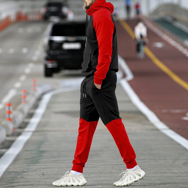 Europe and the United States spring and autumn new suit men's fashion casual hooded hoodie splicing color contrast leisure sport