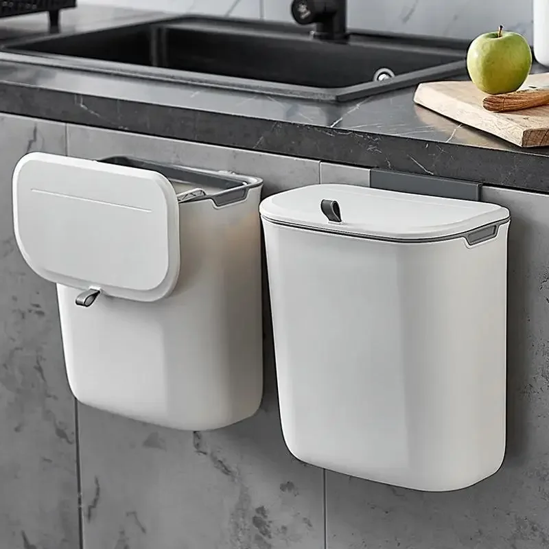 Wall Mounted Trash Can 7L/9L Lid Waste Bin Kitchen Cabinet Door Hanging Dustbin Garbage Trashcan Tools