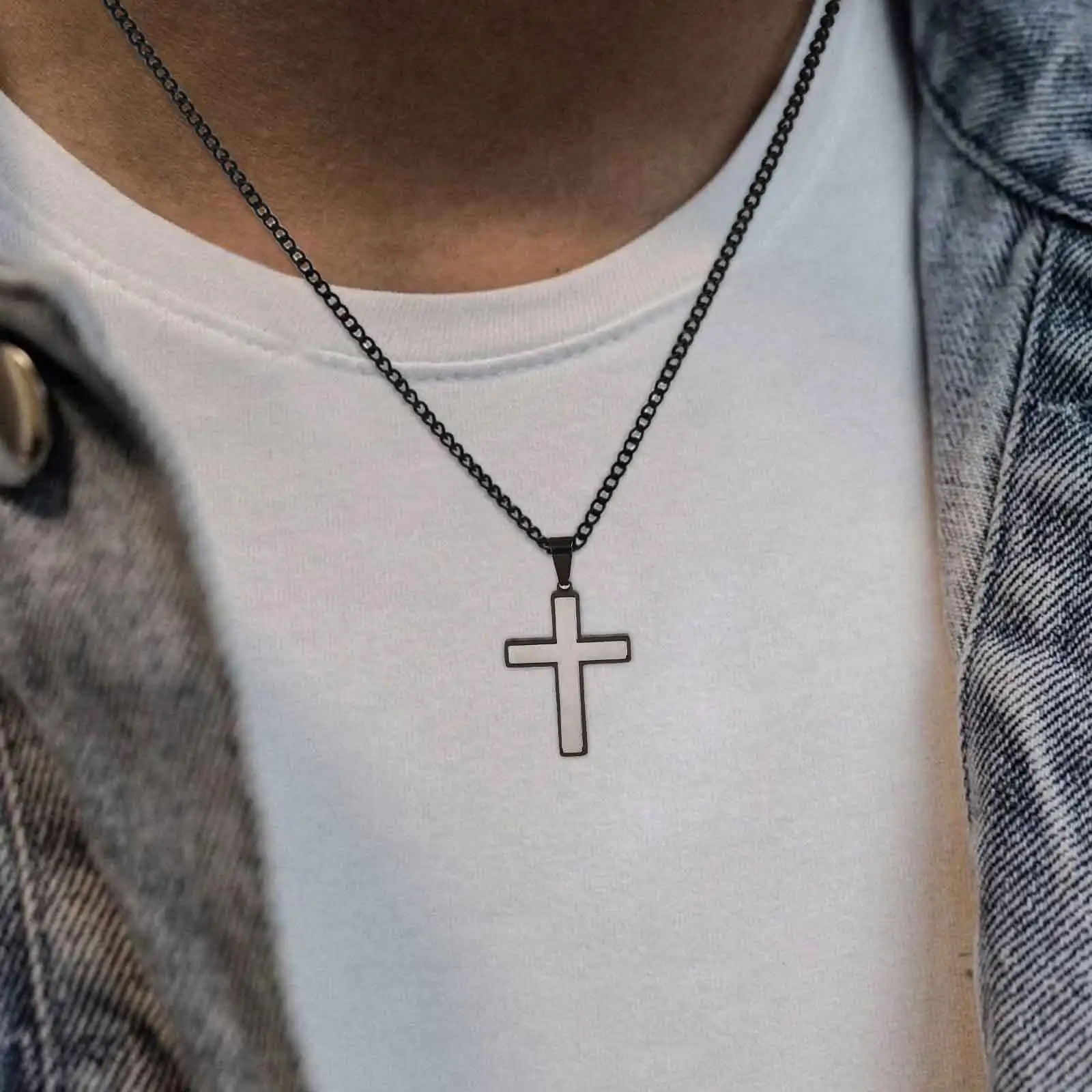 Simple Cross Necklace for Men, Stainless Steel Silver Black Color Cross Pendant Necklaces,Length 60CM 24Inch