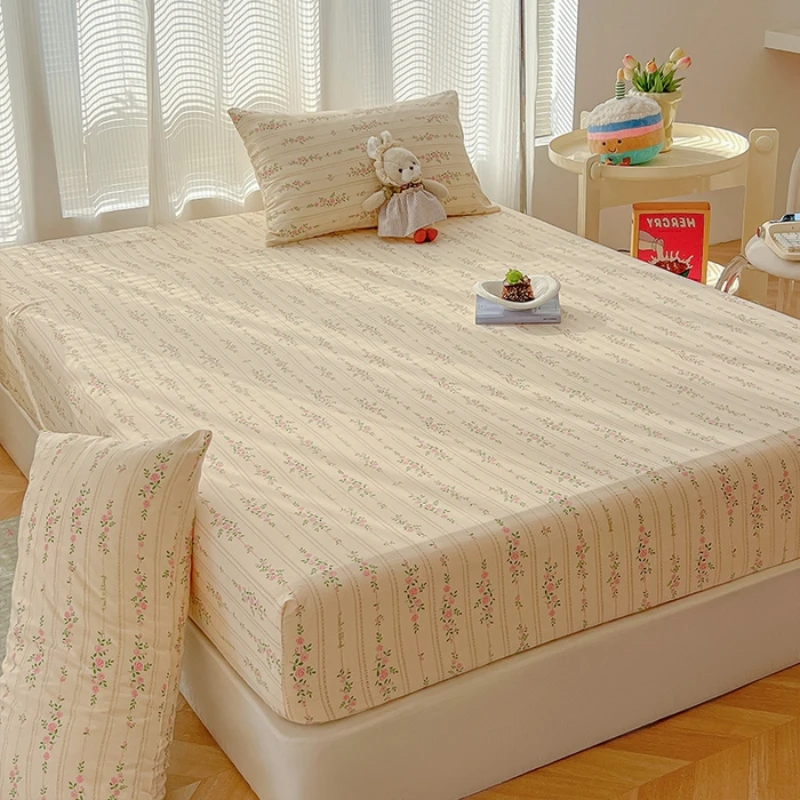 2025 New Type A Washed Crepe Yarn Printing Bed Head Small Fresh Mattress Cover 360 Degree Wrap with Elastic Bedspread 3