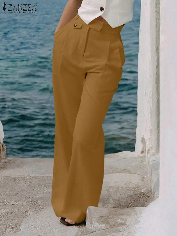 

ZANZEA Fashion Streetwear Wide Leg Slacks Office Lady High Waist Women Elegant Versatile Trousers Casual Pleated Solid Pants