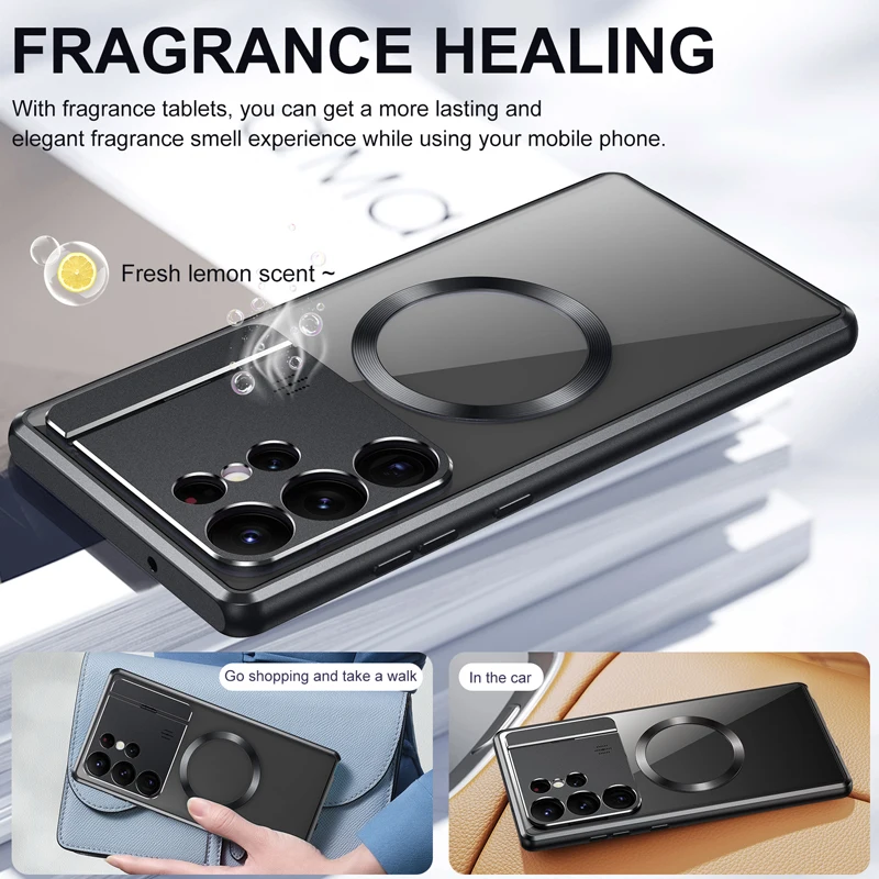 Metal Alloy Wireless Charging Magnetic MagSafe Case For Samsung Galaxy S24 S23 S22 S21 UItra Hidden Car Holder Protection Cover
