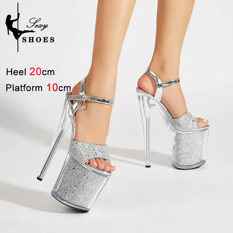 Transparent Gold Pole Dance Shoes Women 20CM  Stilettos Summer 10CM Platform Crystal High Heels Ankle Buckle Sequined Sandals