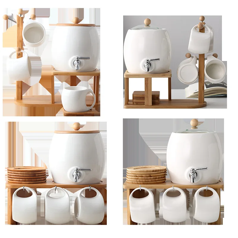 

New Nordic smart kitchenware & drinkware white porcelain cup and water pot set with water-tap and bamboo holder