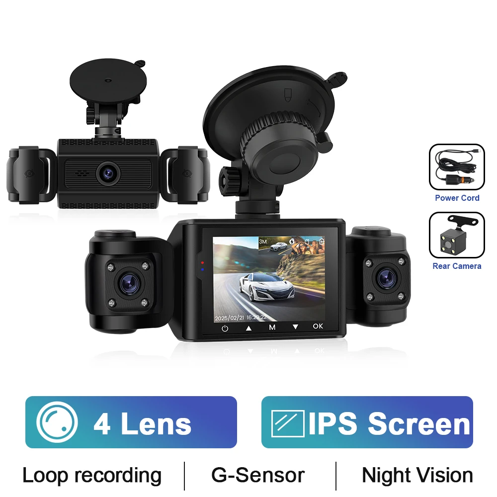 Podofo 2,4 "IPS coche DVR 4 cámaras grabadora vehículo trasero 4 lentes Dash Cam 3 canales vídeo 1080P HD 360 grados cámara de visión trasera