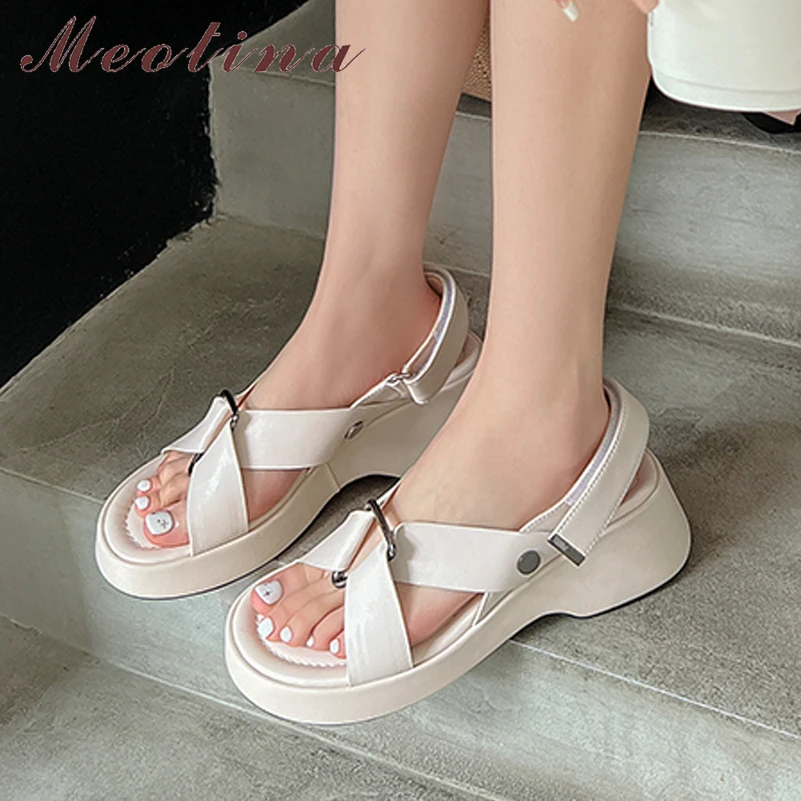 

Meotina Women Genuine Leather Round Toe Platform Sandals Wedges High Heel Ladies Fashion Casual Shoes Summer Spring Beige 40