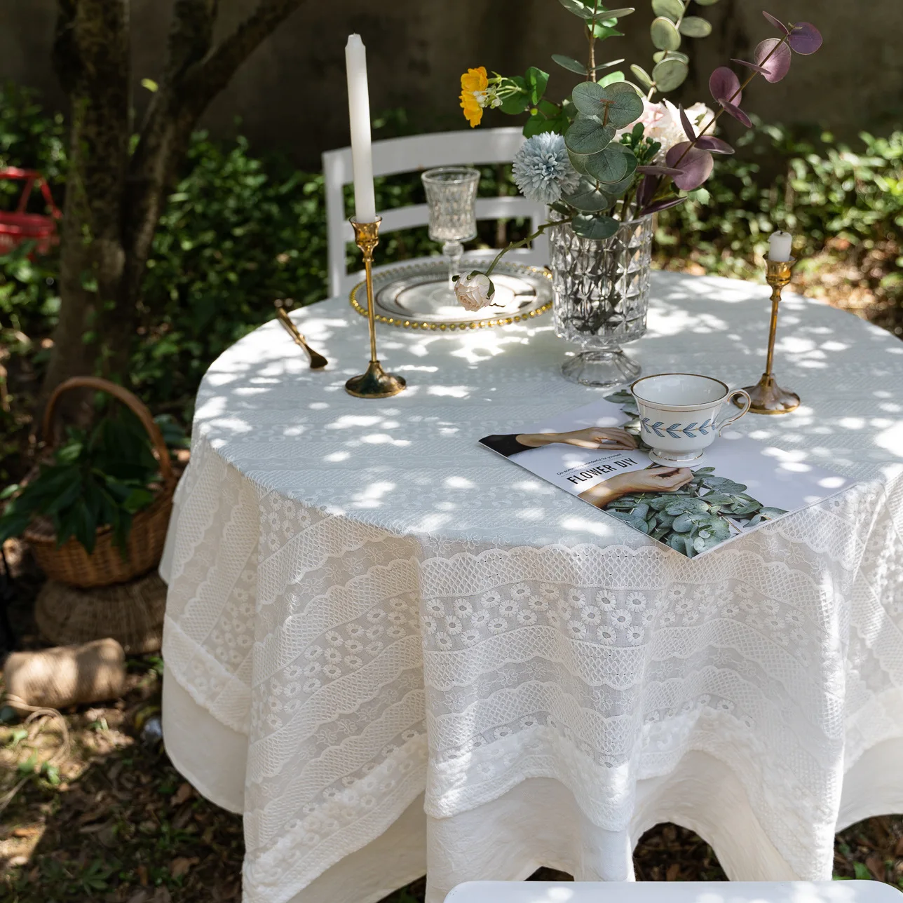 White Flower Embroidery Tablecloth, Double Layered Lace, Cotton Map for Desk Cover, Pendant Tea Table Pad, Meal Cloth, Fashion
