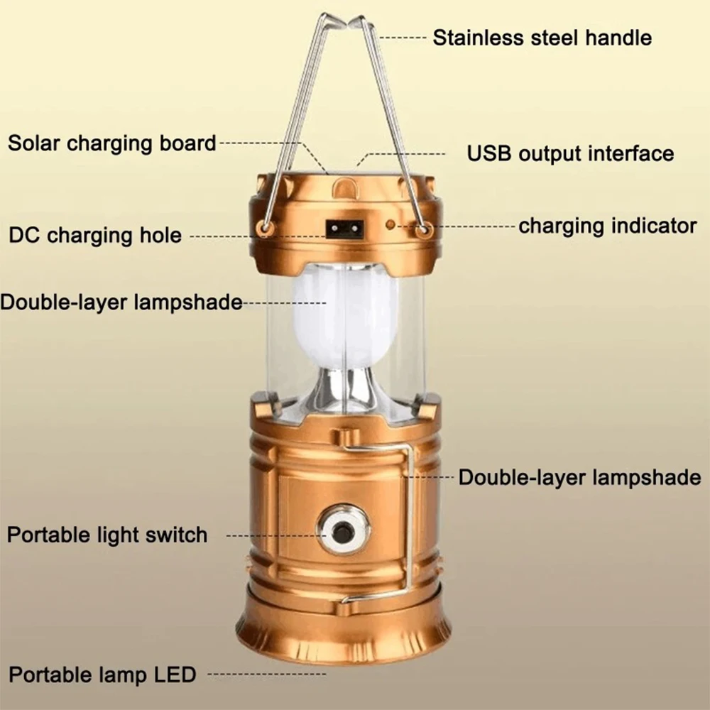 Portable Lantern Camping Lamp Light USB Rechargeable Solar LED Flashlight Waterproof Torch For Outdoor Fishing Hiking Survival