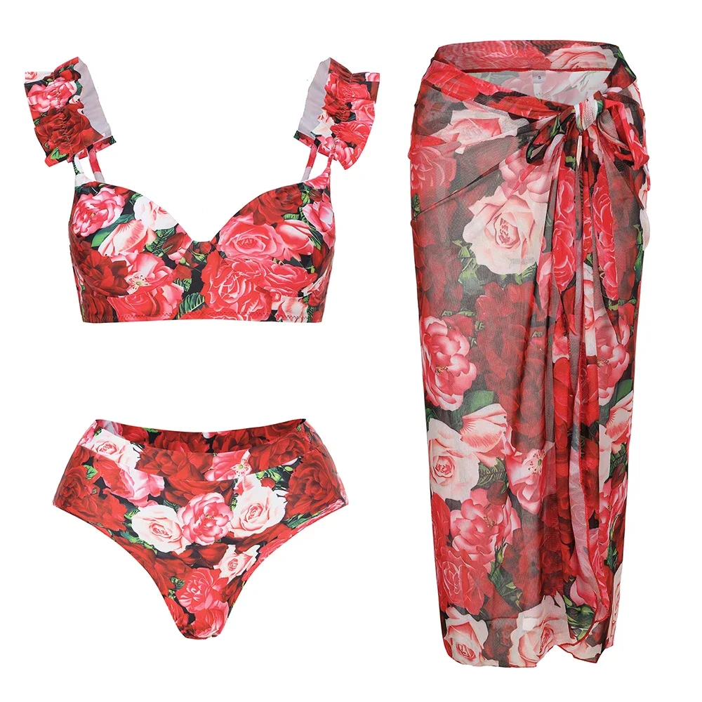 SUNSIREN Floral Print Separate Swimsuit Women Ruffle Shoulder Strap Three Pieces Swimwear Sexy Low Waist Push Up Beach Wear