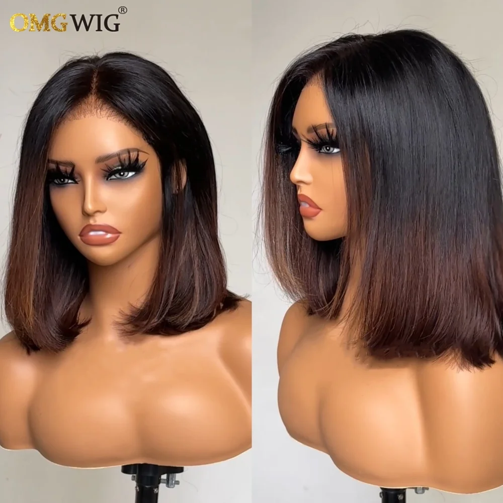 Brown Ombre Pre-Cut Lace Shoulder Lengh Straight Bob Human Hair Wig 360 Lace Glueless Wig With Natural Hairline Brazilian Remy