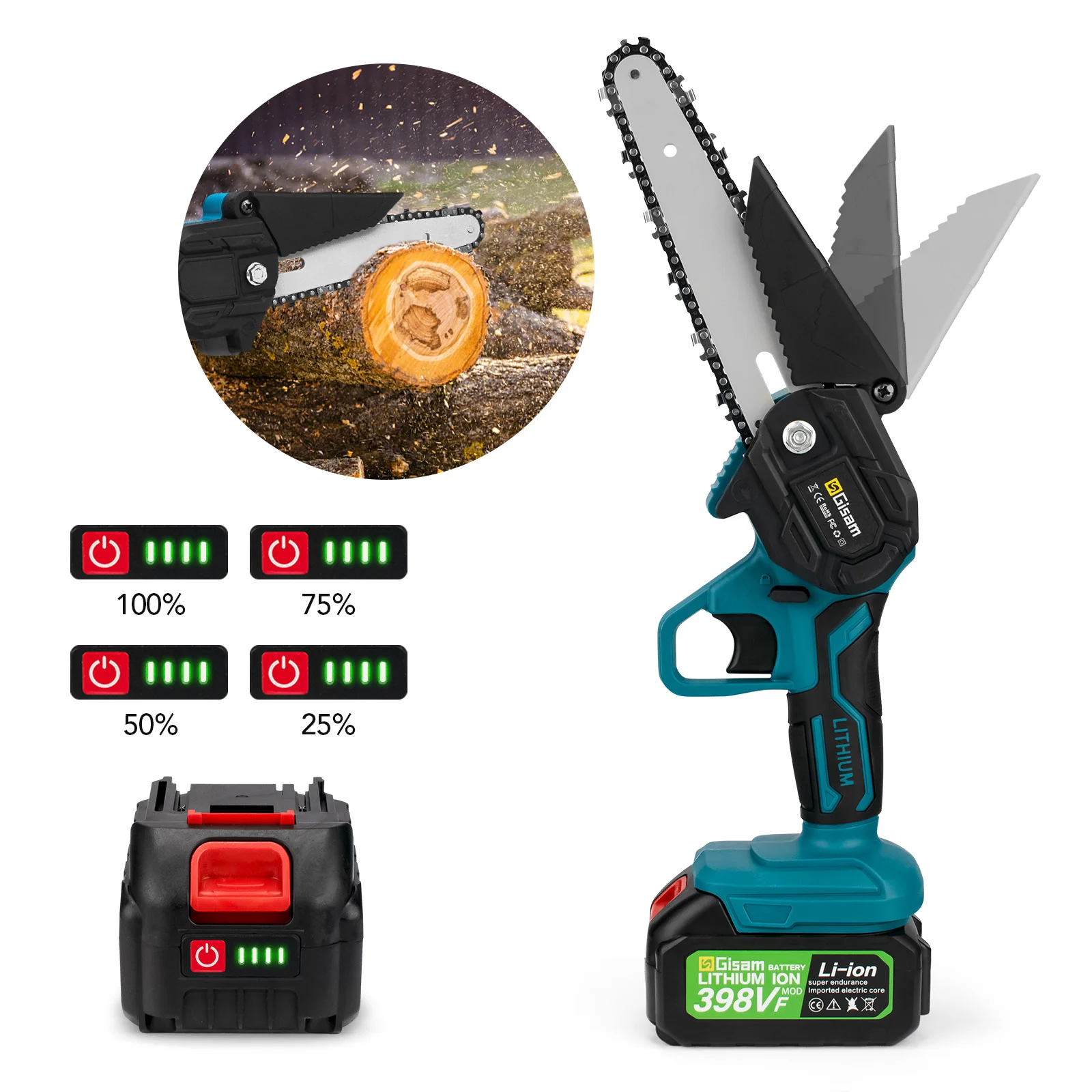 Gisam 6 Inch Electric Chainsaw Cordless Rechargeable Woodworking Garden Mini Pruning Chain Saw Power Tool for Makita 18V Battery 6