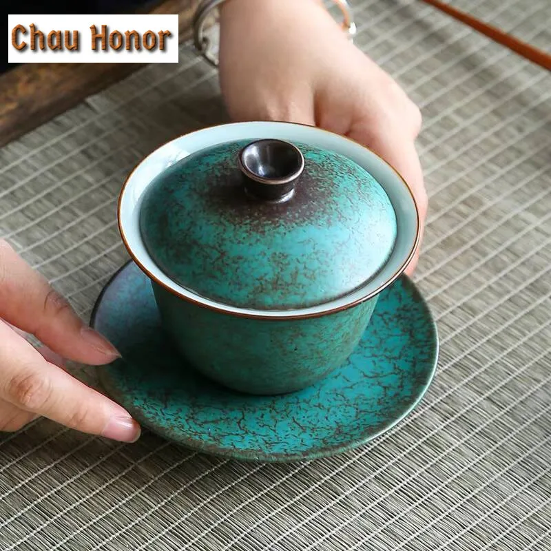 150ml Japanese Style Turquoise Glaze Ceramic Sancai Gaiwan Retro Kiln Change High-capacity Tea Cover Bowl Drinkware Customized