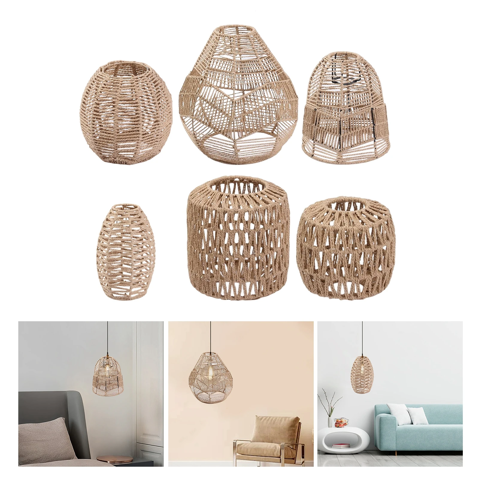 Pendant Lamp Shade Paper Rope Rattan Boho Handwoven Wicker Lampshade Light Fixture Chandelier Cove for Restaurant