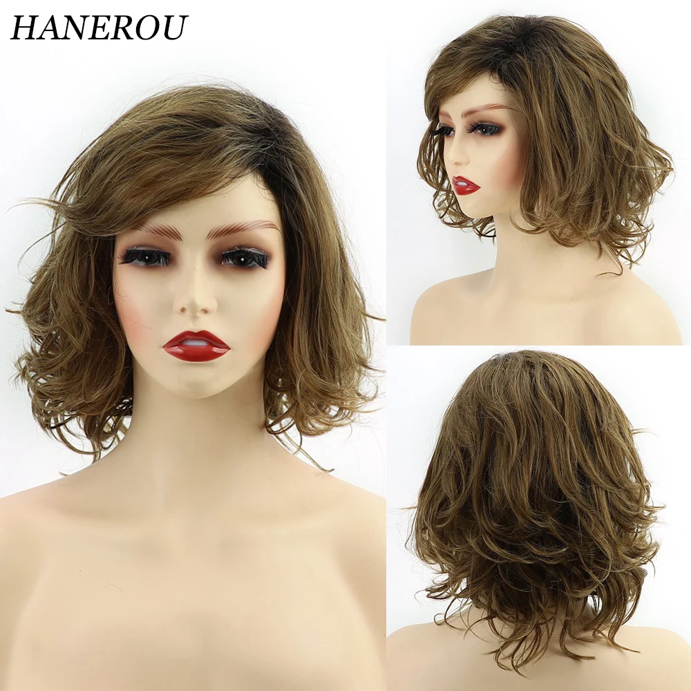 

HANEROU Brown Short Wavy Curly Wig Synthetic Puffy Women Natural Hair Heat Resistant Wig for Daily Party
